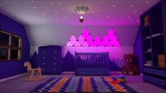 a room with purple walls and lots of furniture in the corner, including a baby crib