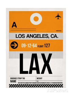 an orange and white poster with the words lax in black on it, which reads los angeles