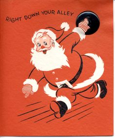 an orange christmas card with a santa clause holding a bowling ball in it's right hand