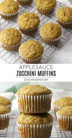 some muffins are stacked on top of each other with the words applesauce zucchini muffins above them