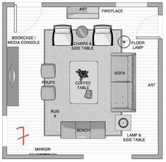 a floor plan for a living room with couches, tables and chairs in it