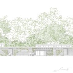 an architectural drawing of a building with trees on the side and people walking around it