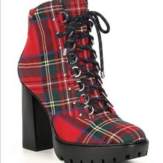 This Beauty Comes From The Gianni Bini Line. Meet Ambelynn Plaid Heeled Booties. She Features: Plaid-Printed Textile Upper Side Zipper Closure & Lace Up Front Synthetic Lining Memory Foam Sock Rubber Outsole Approx. 5.7" Shaft Height Approx. 8.66" Shaft Circumference Approx. 4.52" Stacked Heel Height With 0.98" Platform Height Brand New Without The Original Box. Store Markings At The Bottom. Slouch Ankle Boots, Lug Sole Booties, Calf Length Boots, Plaid Heels, Black Leather Riding Boots, Apparel Branding, Lug Sole Boots, Womens Combat Boots, Lace Up Combat Boots