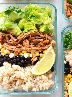 three plastic containers filled with food including rice, beans and lettuce next to lime wedges