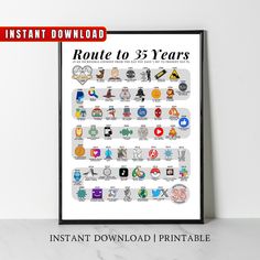 a poster with the words route to 35 years on it and an image of various icons