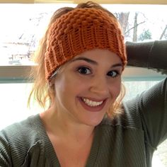 Handmade crochet messy bun beanie. Pattern Credit: Acraftyconcept Casual One Size Headband For Fall, Casual Crochet Headband One Size, Casual One Size Crochet Headband, Casual One-size Crochet Headband, Crochet Messy Bun Beanie, Crochet Messy Bun, Messy Bun Beanie, Bun Beanie, Beanie Pattern