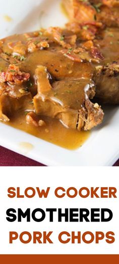 slow cooker smothered pork chops on a white plate