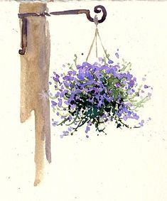 a painting of purple flowers hanging from a hook