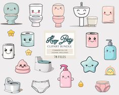 cartoon bathroom items are grouped together in the shape of a square and rectangle shapes