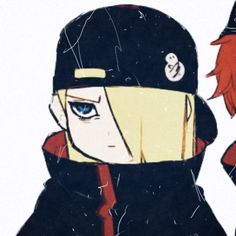 two anime characters one with red hair and the other blue eyes, standing next to each other