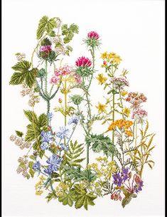 a cross - stitch pattern of wildflowers in various colors and sizes, on white paper