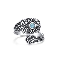 PRICES MAY VARY. 🌼【Vintage Thumb Ring】In the Victorian Era, daisies symbolized innocence, cheerfulness, and purity. This vintage thumb ring with a daisy design, is perfect for gifts. 💖【Hypoallergenic Material】The spoon ring is made of high-quality 952 sterling silver and created turquoise, simple and fashionable. free of lead and nickel, without discoloration. Comfortable to wear, Don't worry about the turquoise ring irritating your finger. 🌼【Turquoise Ring Size】7#(0.68 inches);【Weigh】5.06g;【 Bohemian Sterling Silver Flower Ring Gift, Boho Statement Ring, Adjustable Nickel-free Silver Turquoise Ring, Vintage Spoon Rings, Adjustable Nickel-free Bohemian Turquoise Ring, Nickel-free Sterling Silver Turquoise Ring, Vintage Daisy, Daisy Design, Daisy Ring