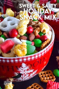 sweet and salty holiday snack mix in a red bowl