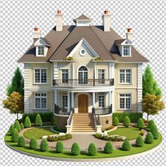 a large house with lots of trees and bushes in the front yard, on a transparent background