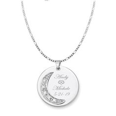 "This personalized silver \"to the moon and back\" necklace can be custom engraved with a name, initials, or date on both sides. These personalized charm necklaces have an elegant moon with cubic zirconia stones that will shine and glimmer. Each engraved pendant includes a necklace [pictured] with custom sizes available. Silver Moon Charm Necklace DIMENSIONS: 1.25\" x 1.25\" How To Send Engraving Instructions: When you are ready to order click ADD TO CART. During checkout fill out the ADD A NOTE Silver Laser Engraved Jewelry For Anniversary Gift, Laser Engraved Silver Jewelry For Anniversary Gift, Silver Moon Necklace For Anniversary, Engraved Moon Necklace For Anniversary, Engraved Moon Shaped Necklace For Anniversary, Engraved Moon Shaped Anniversary Necklace, Silver Round Pendant Necklace For Anniversary, Moon Shaped Birthstone Necklace For Anniversary, Moon-shaped Birthstone Necklace For Anniversary