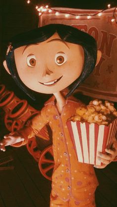 a cartoon character holding a popcorn bucket