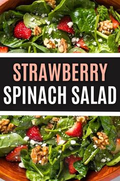 spinach salad with strawberries and walnuts in a wooden bowl