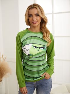 Green Grinch Stole Print Round Neck Long Sleeve Sweatshirt Solid Sweaters, Sweatshirt For Women, 2022 Fashion, Womens Tops Summer, Sweatshirts Online, Basic Long Sleeve, Printed Cardigan, Loose Pants, Fashion Gallery