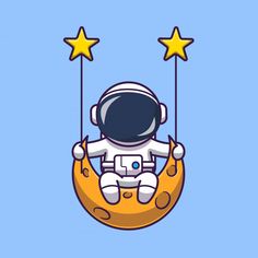 an astronaut sitting on the moon with stars hanging from it's sides and holding onto strings