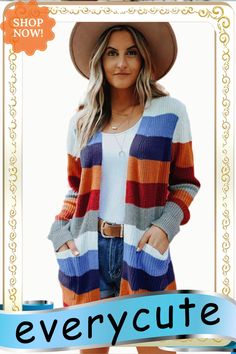 Multi-color Striped Pocketed Cardigan Casual Multicolor Cardigan For Layering, Multicolor Color Block Outerwear For Layering, Casual Multicolor Cardigan With Pockets, Multicolor Long Sleeve Cardigan With Color Matching, Casual Color Matching Cardigan For Layering, Multicolor Color Block Cardigan, Casual Color Block Brown Cardigan, Casual Brown Color Block Cardigan, Fall Long Sleeve Cardigan With Contrast Color