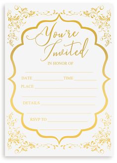 a yellow and white wedding card with the words you're married in gold on it