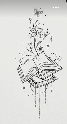 an open book with a butterfly flying out of it's pages and some stars