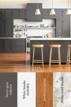 a kitchen with gray cabinets and white countertops is featured in this ad for an interior design firm