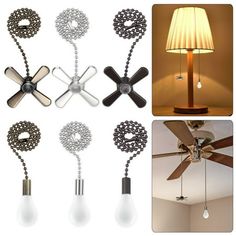 four different types of ceiling fans with lights on each one and the same type of fan attached