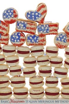 patriotic cookies are arranged in the shape of american flags and heart - shaped candies