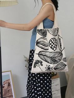 Eco-friendly Reversible Canvas Bag, Eco-friendly Hand Printed White Canvas Bag, Eco-friendly Graphic Print Canvas Bag, Eco-friendly Cotton Canvas Bag With Floral Print, Solid Maxi Dress, Eco-friendly Rectangular Canvas Bag With Graphic Print, Loose Maxi Dress, Lantern Sleeve Dress, Big Leaves