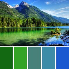 the color scheme is green and blue, with mountains in the background as well as trees