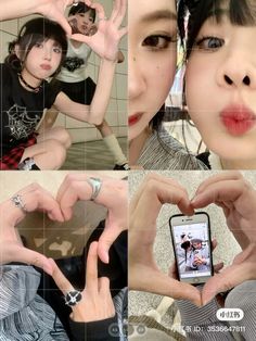 the collage shows two girls making heart shapes with their hands and fingers, one holding a cell phone