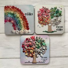 two coasters with buttons on them are decorated like a tree and the words family together