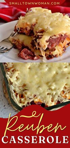 a casserole dish with ham and cheese on top is shown in two different images