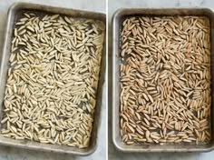 two pans filled with rice sitting on top of a counter next to each other