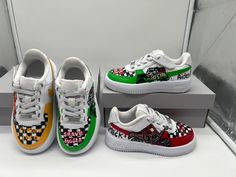 This is a specialty listing for Monster truck Nike shoes Hand Painted Custom Air Force 1 shoes  Made to Order Monster truck shoes Trucks on all and matching accent colors and checkerboard and names on fron. Select 2 trucks from combos below  add child's name under personalization or messages if you want personalized some sizes not available in Air Force one and a White Nike Velcro version as shown in photos may be used.  you will be notified before I begin if Air Force one is not available to de Air Force 1 Shoes, Add Kids, Toddler Converse, Grave Digger, Hey Dudes, Custom Air Force 1, Monster Jam, Air Force Ones, White Nike