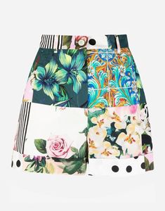 Crafted from white and multicolour cotton, these DOLCE & GABBANA high-waisted shorts feature a patchwork pattern print, floral front button zip closure, belt loops, turn-up hem with two side slit pockets. Uniquely designed, the slight variations between this piece one you receive represent its premium craftsmanship quality. Hot Pants Shorts, Leg Work, Patchwork Print, Patchwork Patterns, Dolce E Gabbana, Designer Shorts, Stage Outfits, Short Shorts, Girly Outfits