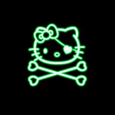 a neon hello kitty skull and crossbones on a black background with green light