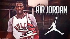 an image of a man holding a basketball in front of the air jordan logo on a black and white background