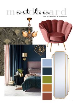 the interior design mood board is shown in shades of blue, green and pink with gold accents