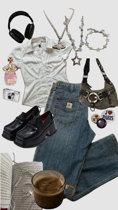 a woman's outfit and accessories are arranged on top of a magazine page,