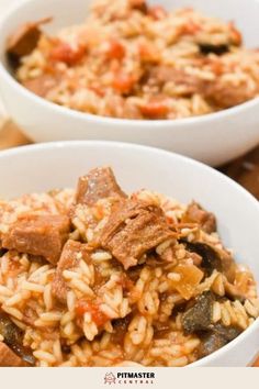 two white bowls filled with rice and meat