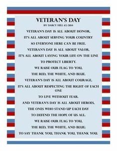 a veterans day poem with red, white and blue stripes on the bottom reads veteran's day