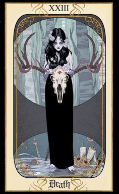 a tarot card with an image of a woman holding a deer skull