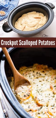 crockpot scalloped potatoes in a slow cooker with a wooden spoon