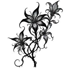 a black and white drawing of flowers with swirls on the stems, against a white background