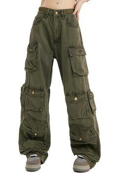 Military Green Wide Leg Cargo Pants Unisex Alt Grunge Dark Green Grunge Outfit, Cute Alt Outfits, Baggy Green Cargo Pants, Alt Pants, Adventurer Outfit, Grunge Fashion Aesthetic, Cargos Outfit, Indie Pants, Military Green Pants