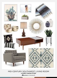 the mid century southwest living room mood board is full of neutrals, blues and greens