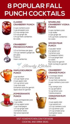 the 8 popular fall punch cocktails are shown in this poster, which includes various drinks and