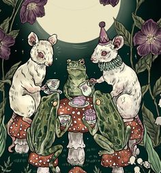 two white mice sitting at a table with food and drink in front of a full moon